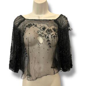 Early 1900s Antique Black Jet & Glass Beaded Sheer Mesh Top Edwardian *AS IS*
